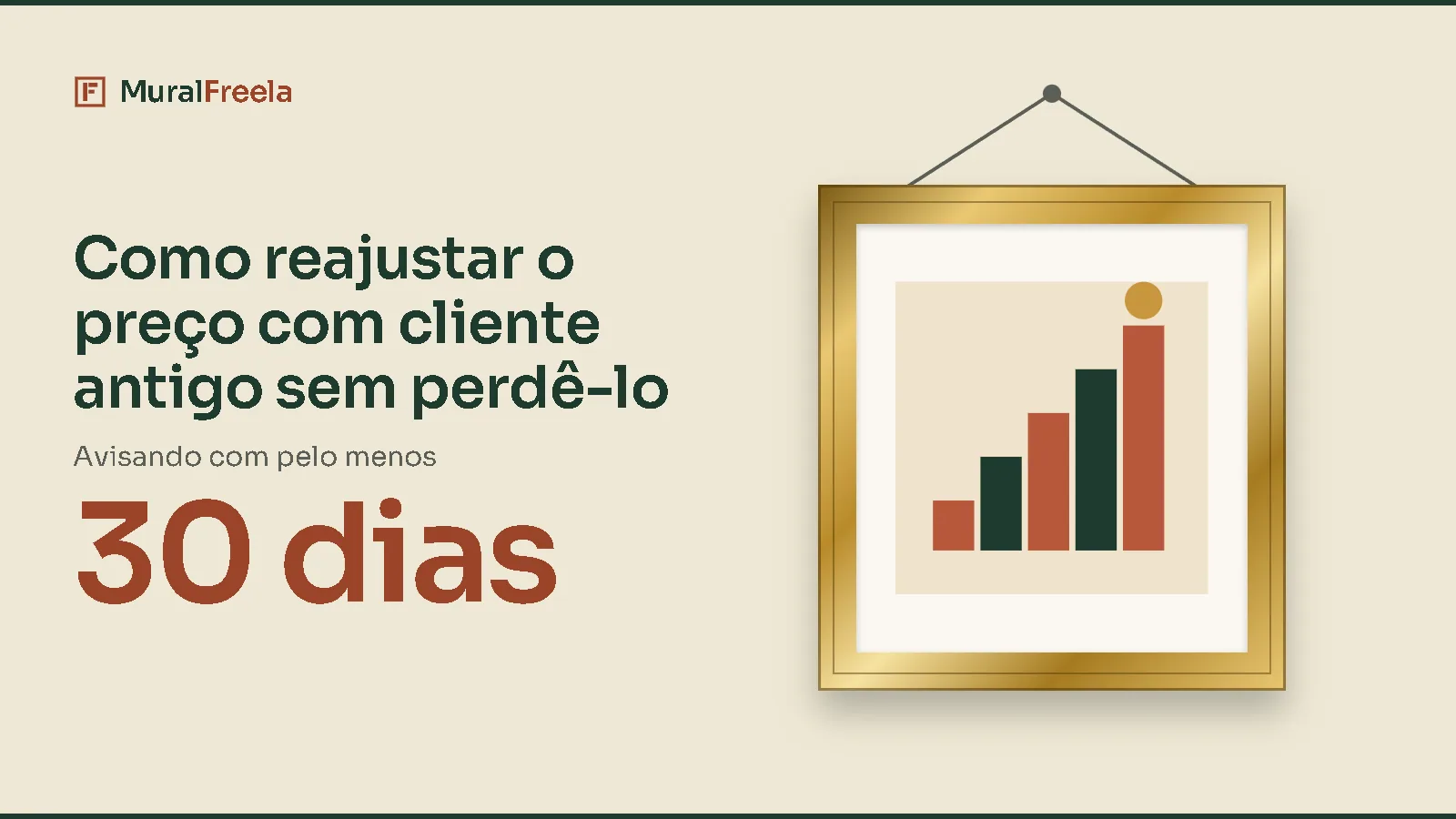 Como reajustar o preço com cliente antigo sem perdê-lo: Avisando com pelo menos 30 dias. Ilustração: o quadro de moldura dourada do MuralFreela.